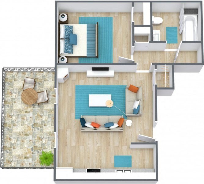 Three dimensional floor plan of one bedroom at Sol Towers